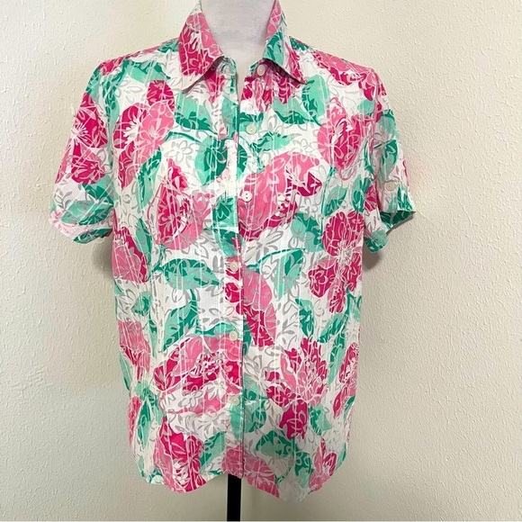 Alfred Dunner Women’s Hibiscus Floral Button Up Blouse Translucent Size 8 EUC - Picture 1 of 9
